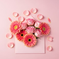 Pink flowers and petals on a card for Mother's Day