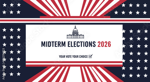 American flag design with political text and illustration of the Capitol Building, suitable for election campaigns, voter registration drives and civic education.