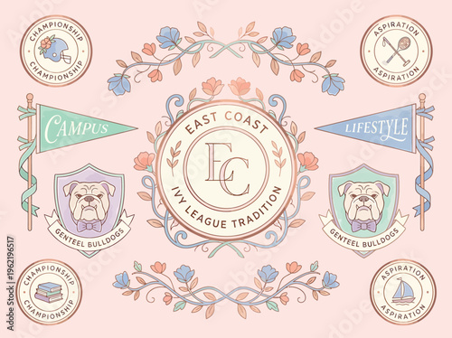 Elegant collegiate badge collection representing academic heritage identity branding and lifestyle prestige for university promotion merchandise and institutional design use