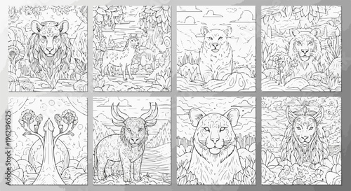 A collection of eight black and white line art animal portraits within natural settings