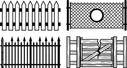 Fence silhouettes, gate icons, decorative barrier shapes, outdoor architecture, wooden fence design elements, wrought iron fences, property boundary art, flat vector illustration