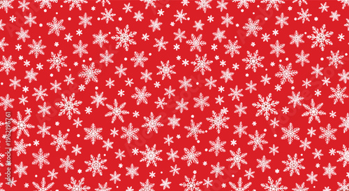 Festive red seamless pattern background filled with many white snowflakes of different styles and sizes for Christmas holiday decorations.