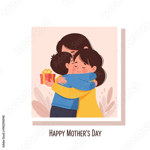 Mother receiving a gift and a tight hug from her child on a celebratory day