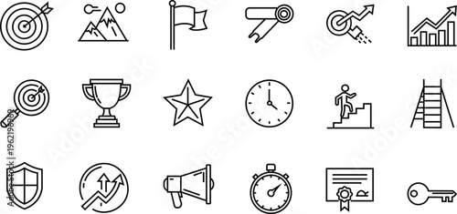 Comprehensive collection of sleek line icons representing business success, strategic achievement, and goal-oriented progress, perfect for modern digital interfaces and project milestones