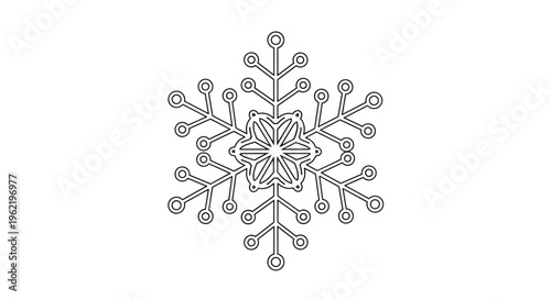 Detailed snowflake icon with intricate geometric patterns and circular tips isolated on white background for winter holiday designs.