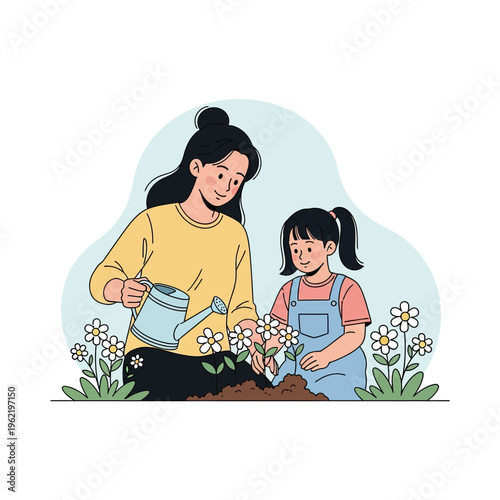 Mother and daughter happily planting flowers together in a garden