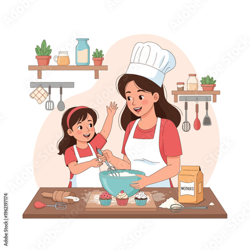 Mother and daughter happily baking cupcakes together in a cozy kitchen environment
