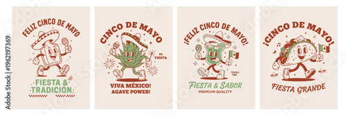 Vintage cinco de mayo mascot poster set with retro mexican characters tacos margarita agave and festive typography design collection
