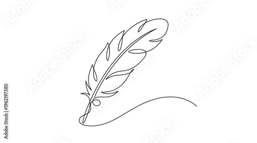Elegant single line drawing of a quill pen creating a flowing line, symbolizing creativity writing and inspiration