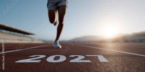 Runner on Track Toward 2027 of  Future Goals in Bright Sunlight Outdoors