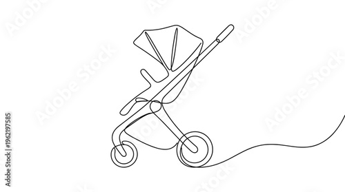 Minimalist continuous line drawing of a modern baby stroller on a white background representing travel and family.