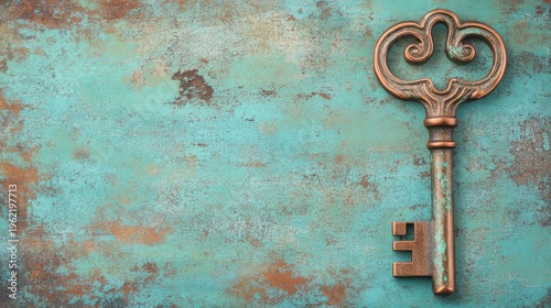 A vintage copper key with a green patina resting on a textured surface