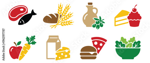 Healthy food and drink items icons in flat design.