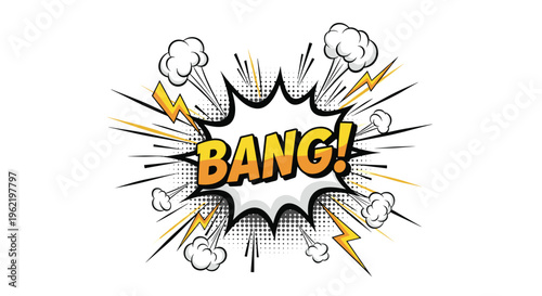 Intense comic book style Bang explosion with dynamic motion lines and lightning bolts on a white background with halftone dot textures.