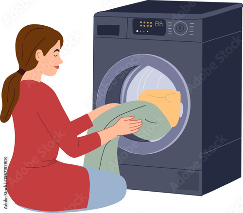 Laundry Routine Illustration Set Washing Drying Ironing Clothes at Home