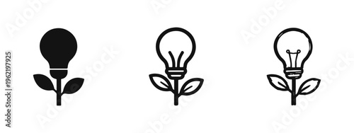 Light bulb plant icon set with filament. Symbol of brilliant ideas, innovation, and sustainable growth.