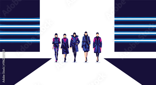 Five stylized female models in blue and magenta coats walk forward on a white runway flanked by dark blue walls with glowing horizontal lines.