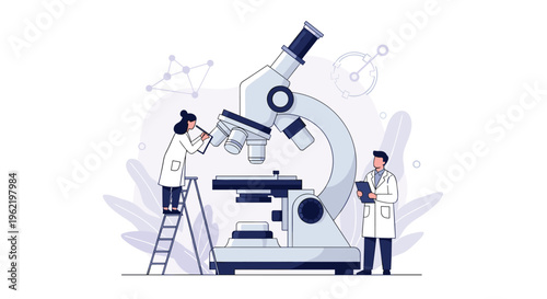 Male and female scientists conducting research and taking notes using a giant medical microscope in a modern laboratory environment.