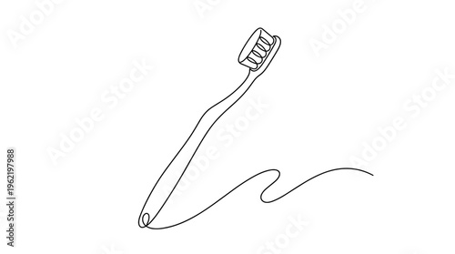 Minimalist single line drawing of a toothbrush symbolizing dental hygiene and oral care routine isolated on white background