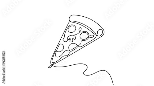 Minimalist single line drawing of a delicious slice of pizza with mushrooms and cheese, artistic food illustration, abstract Italian cuisine art