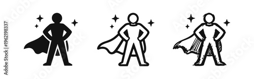Powerful superhero icon set. Hero figure with cape and stars, representing strength, confidence, and leadership.