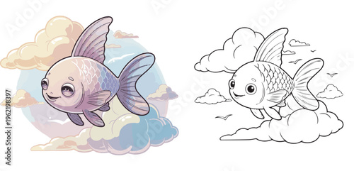 flying fish drifting in cloud vector illustration for children coloring book clipart and lineart