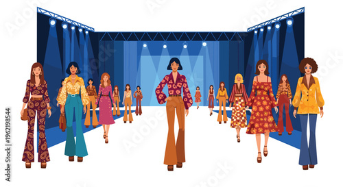 A large group of female models wearing diverse 1970s retro fashion, including bell bottoms and floral patterns, walks on a stage under blue spotlights.
