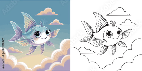 flying fish drifting in cloud vector illustration for children coloring book clipart and lineart