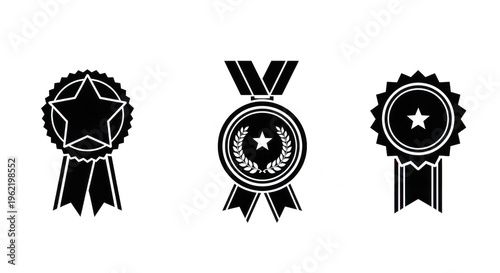 Set of three black medal ribbon icons for achievement and success isolated png