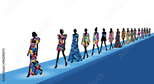 A long line of fifteen silhouetted female models, each wearing a uniquely patterned dress, walks along a blue runway with gradient lighting.