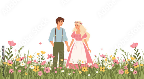 A happy couple, dressed in traditional country attire, stands hand-in-hand amidst a vibrant field of colorful spring wildflowers.