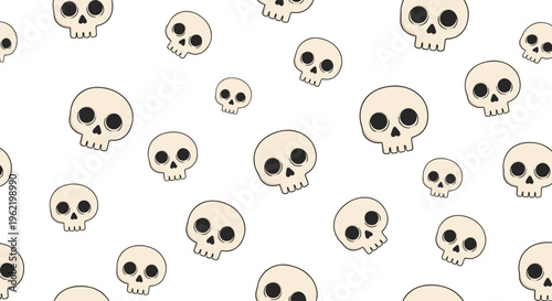 Edgy seamless pattern featuring a variety of cream colored human skulls with black hollow eyes on a clean white background for gothic designs.