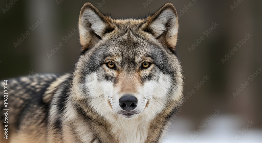 Fototapeta premium A close-up portrait of a wolf in a forest with a blurred background