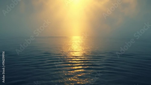 Spiritual Energy Love Faith Hope Goodness Ethereal Sunrise Reflection on Calm Water Surface with Misty Background