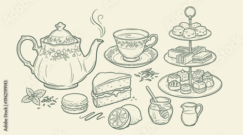 Afternoon tea set illustration representing hospitality tradition and elegant dining experience for cafe menu branding social gathering and lifestyle design use