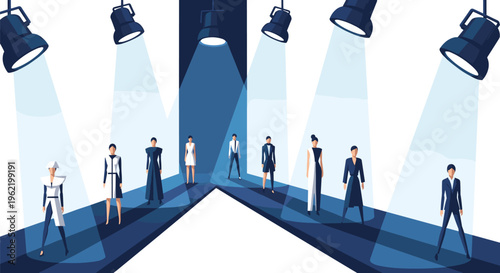 Ten diverse models in avant-garde black and white outfits stand on a bifurcated dark blue runway under bright spotlights.