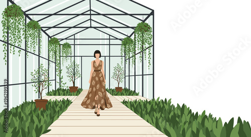A woman in a brown leaf-patterned dress walks on a wooden path inside a glass greenhouse with green plants.