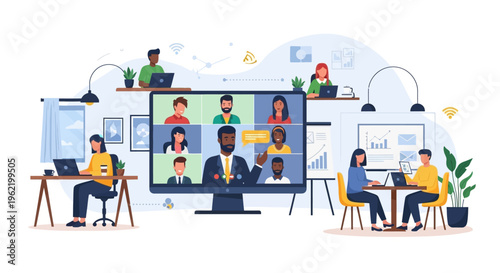 Remote Work & Online Collaboration: Diverse Professionals Connect via Video Conference and Digital Platforms for Global Business