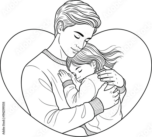 Mother hugging sleeping child with love, maternal care and family affection line art, heart background, cad drawing flat vector illustration
