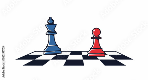 A blue king and a red pawn stand on a checkered chessboard