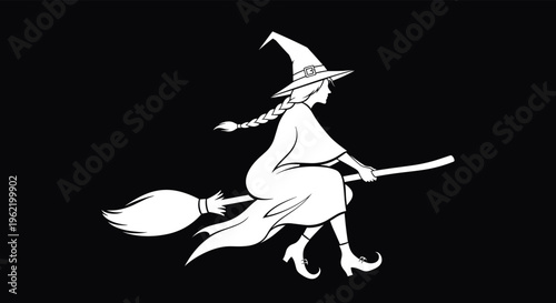 Flying witch silhouette on broom, Halloween character illustration, spooky fantasy design, magical woman icon, dark theme vector graphic art