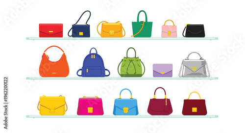 Fifteen diverse handbags and backpacks are neatly displayed on three clear glass shelves against a pristine white background.