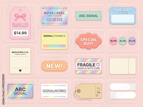 Pastel Y2K retail label collection featuring soft aesthetic pricing tags holographic stickers and modern branding elements for ecommerce packaging and trendy design