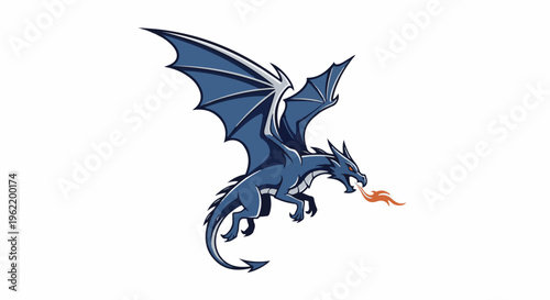 A blue dragon with spread wings breathes fire, isolated on white