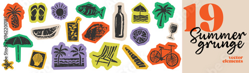 Summer vacation icons set in vintage linocut stamp style beach travel elements with tropical symbols and seaside objects