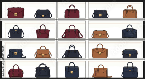 Sixteen distinct handbags in various shades of brown, black, and maroon are meticulously displayed within a multi-compartment cabinet.