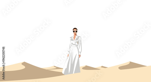 A woman in a long white dress and sunglasses stands centrally in a minimalist desert landscape with sand dunes.