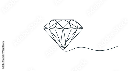 Minimalist single line drawing of a brilliant cut diamond with a flowing line extending from its base on a clean white background symbolizing luxury and elegance