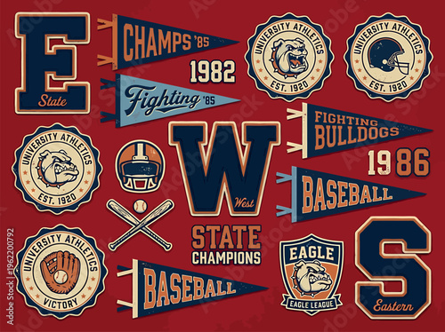 Vintage collegiate badge set featuring sports emblems varsity typography and classic team branding elements for apparel merchandise and graphic design