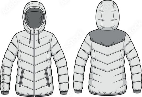 Quilted puffer hooded jacket technical fashion flat sketch front and back view with chevron panel design, modern winter outerwear apparel template illustration